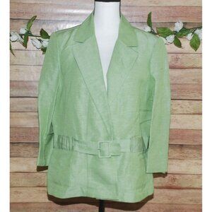 Emma James Green Linen Blend Jacket Blazer Size 16 3/4 Sleeve Belted Career